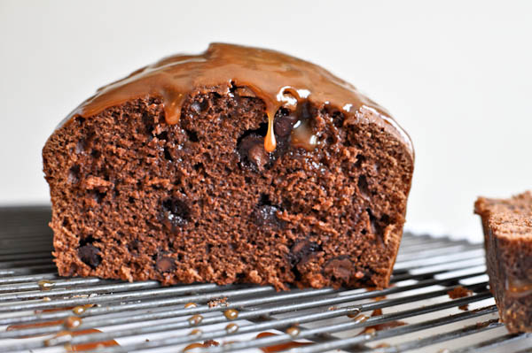 Salty Caramel Drenched Double Chocolate Loaf Cake I howsweeteats.com
