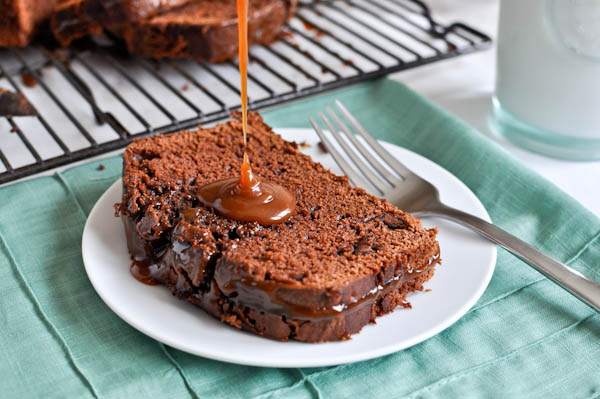 Salty Caramel Drenched Double Chocolate Loaf Cake I howsweeteats.com
