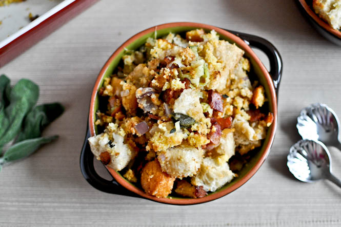 Double Bread Stuffing with Brown Butter, Bacon & Sage I howsweeteats.com