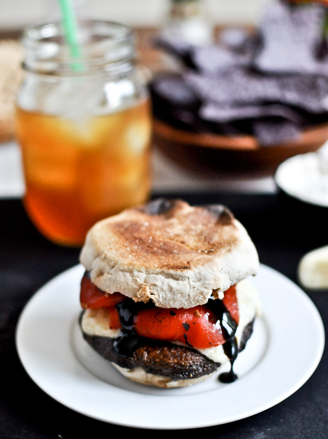 Asiago Portobello Burgers with Roasted Red Peppers + Balsamic Glaze I howsweeteats.com