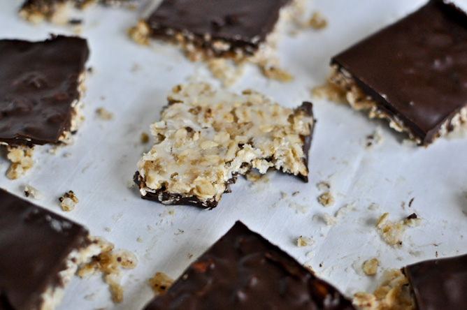 Thin + Chewy Chocolate Drenched Coconut Oatmeal Squares I howsweeteats.com