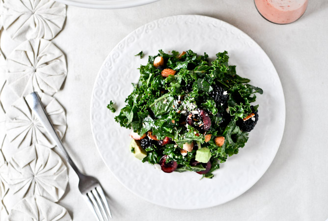 Triple Berry Kale Salad with Fresh Strawberry Vinaigrette I howsweeteats.com