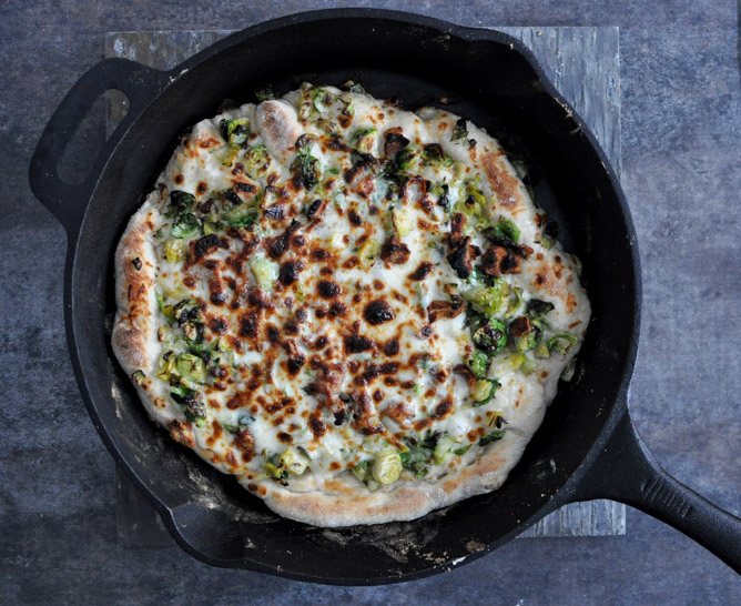 Cast Iron Skillet Brussels Sprouts Bacon Pizza I howsweeteats.com