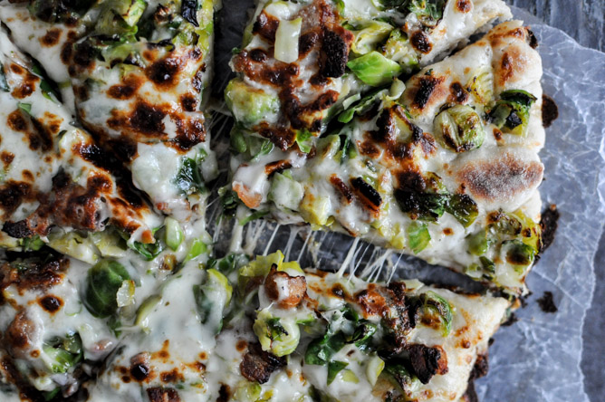 Cast Iron Skillet Brussels Sprouts Bacon Pizza I howsweeteats.com