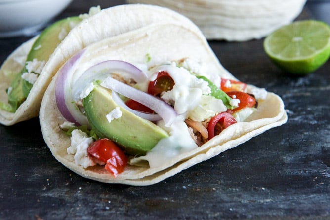 Smoky Roasted Chicken Tacos with Spicy Goat Cheese Queso I howsweeteats.com