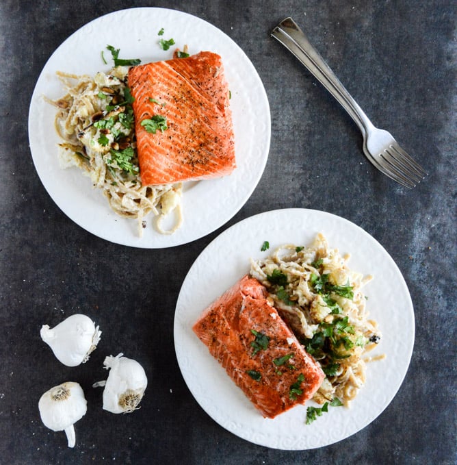 Broiled Salmon and Roasted Garlic Cream Noodles with Crispy Cauliflower + Toasted Pine Nuts I howsweeteats.com
