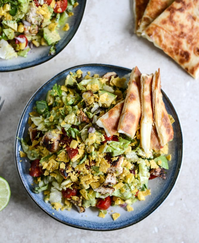 Chopped Chicken Taco Salads with Cheese Quesadilla Strips I howsweeteats.com