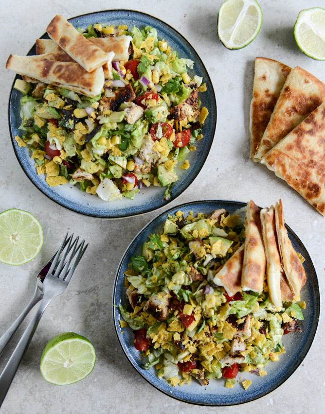 Chopped Chicken Taco Salads with Cheese Quesadilla Strips I howsweeteats.com