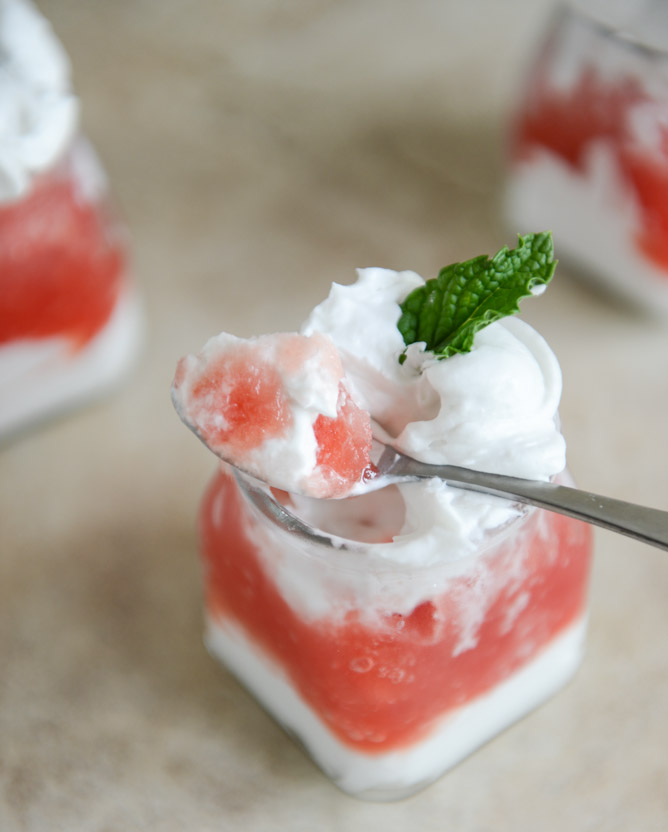 Boozy Watermelon Granitas with Coconut Whipped Cream I howsweeteats.com