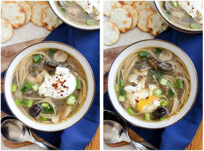 Chicken + Mushroom Noodle Soup with Poached Eggs I howsweeteats.com