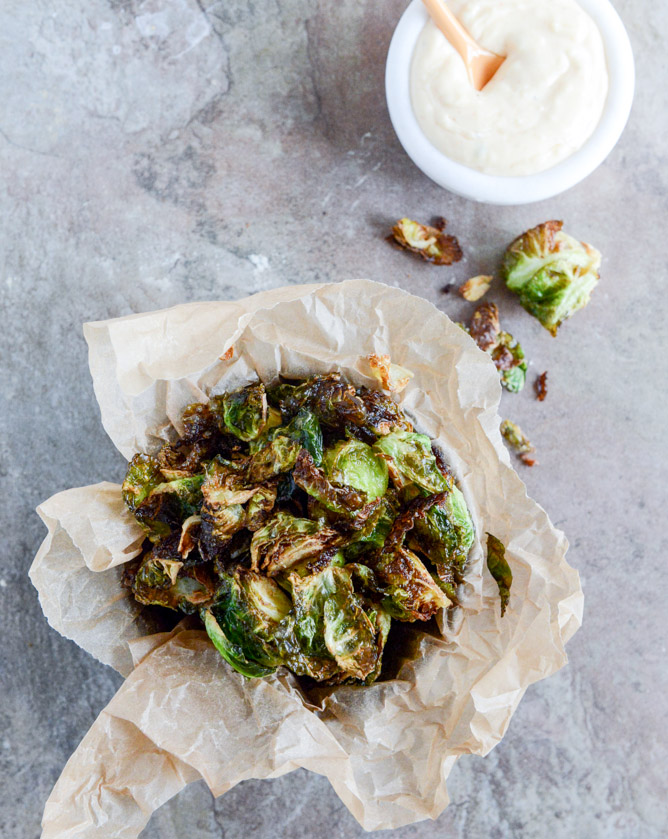 Fried Brussels Sprouts with Smoky Honey Aioli I howsweeteats.com