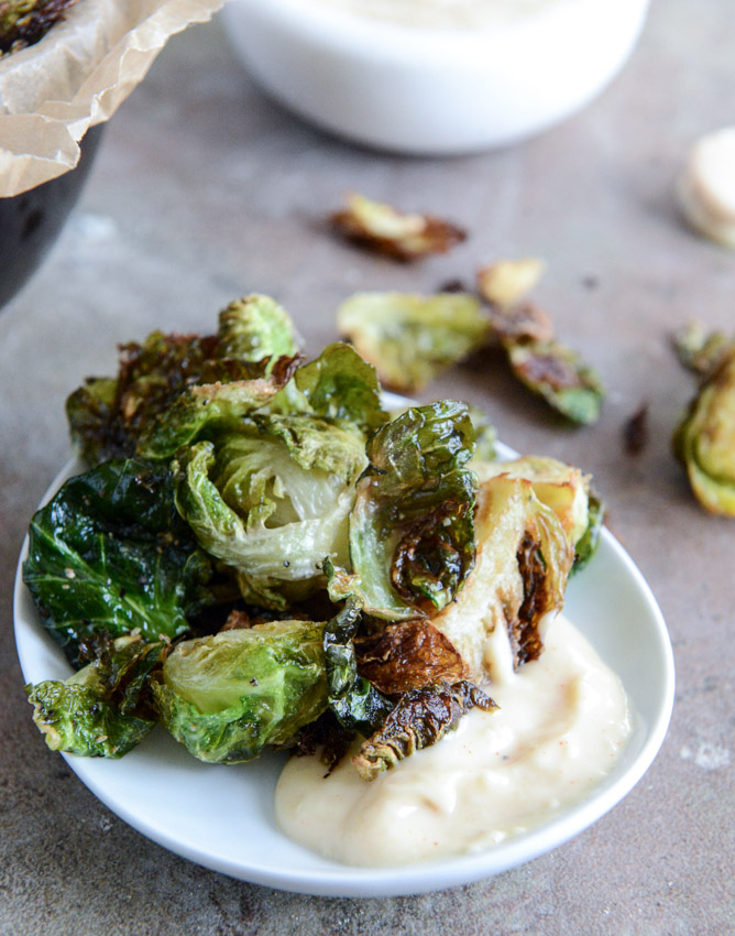 Fried Brussels Sprouts with Smoky Honey Aioli I howsweeteats.com