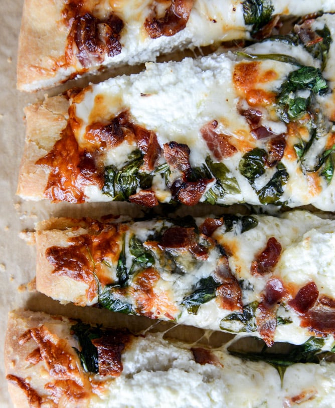 White Pizza with Spinach and Bacon I howsweeteats.com