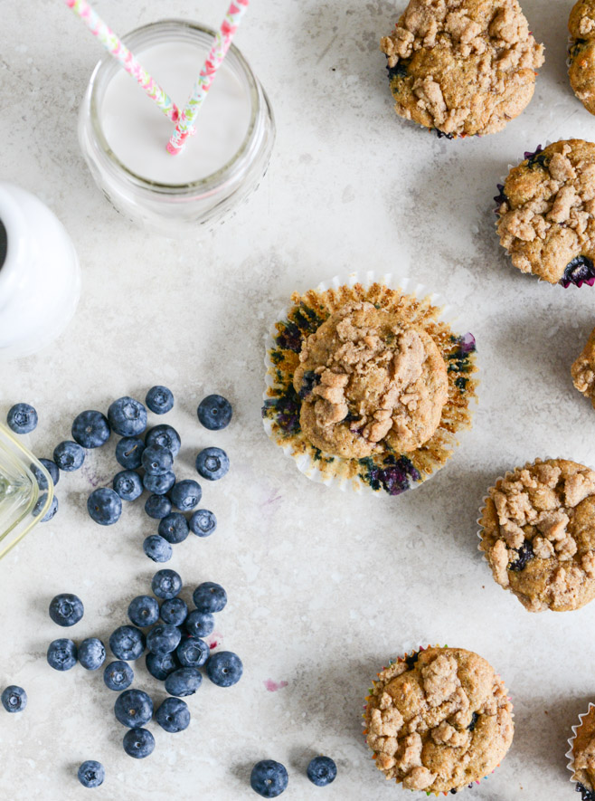 whole wheat blueberry yogurt crumb muffins I howsweeteats.com