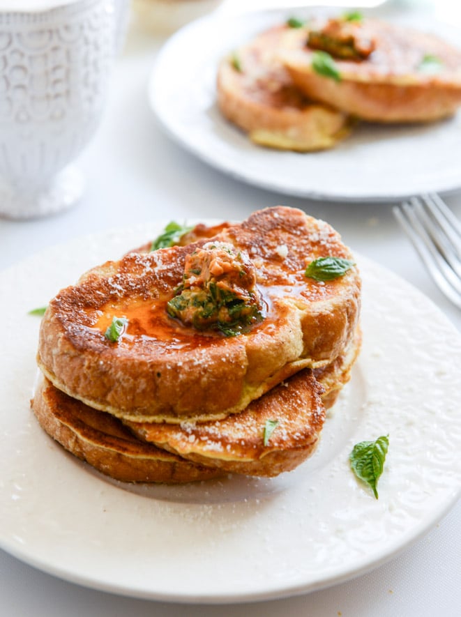 Savory Romano Crusted French Toast with Cherry Tomato Basil Butter I howsweeteats.com