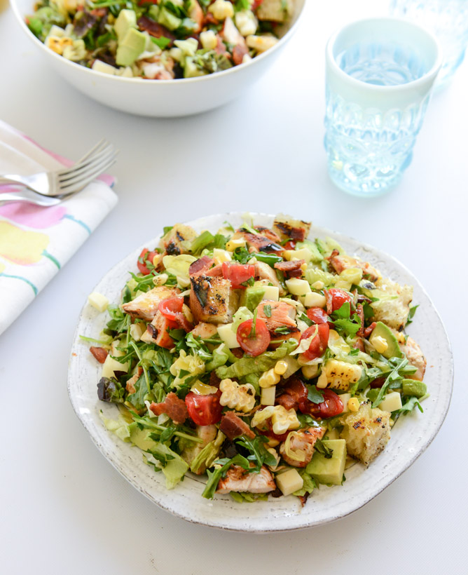 BBQ chicken chopped salad with grilled garlic croutons and honey mustard vinaigrette I howsweeteats.com