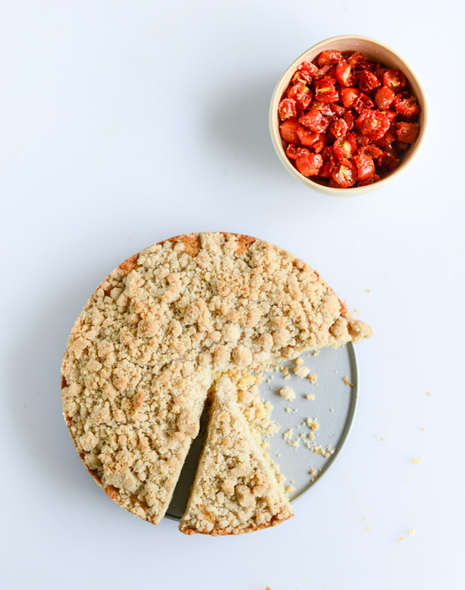 vanilla cornmeal cake with candied cherry tomatoes I howsweeteats.com