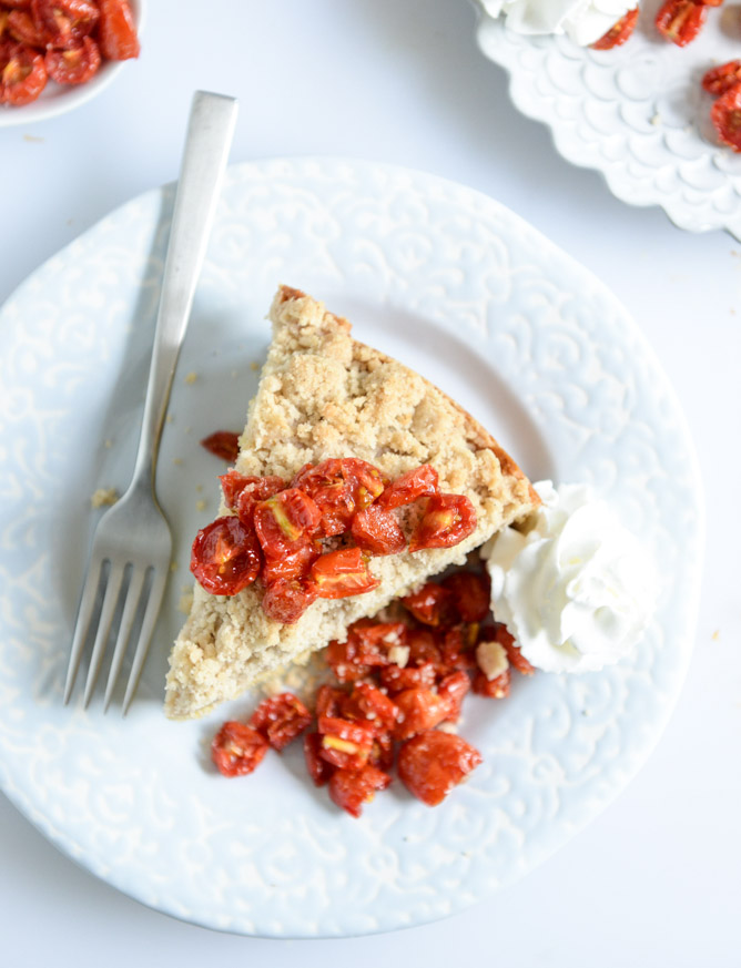 vanilla cornmeal cake with candied cherry tomatoes I howsweeteats.com