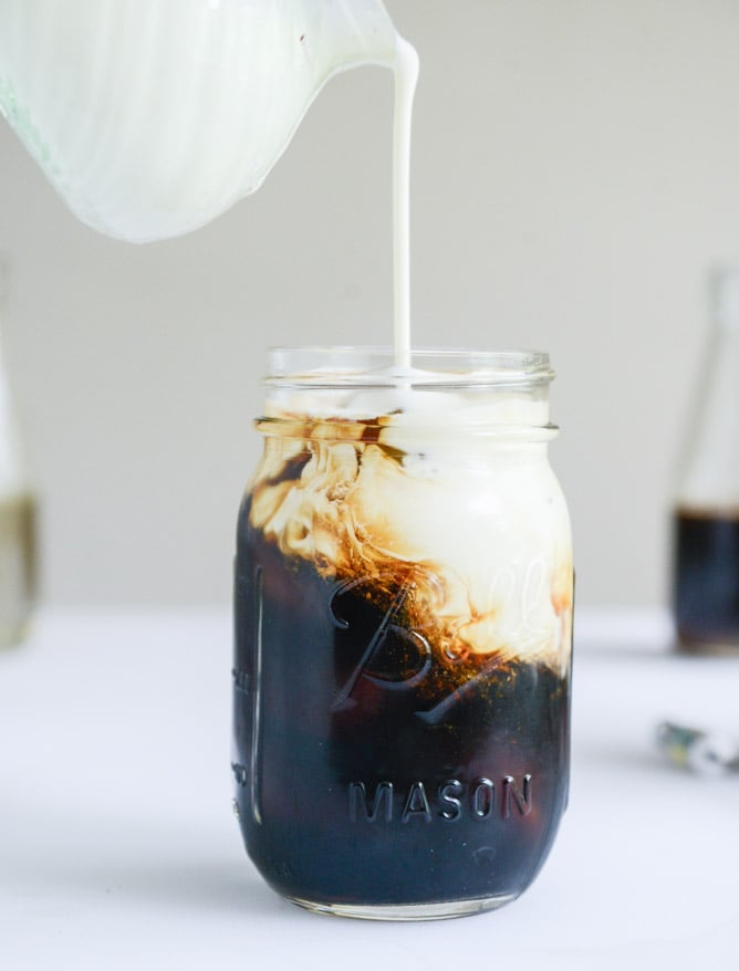 my favorite cold brew coffee with homemade vanilla bean, blackberry, almond and cinnamon-brown sugar syrups I howsweeteats.com