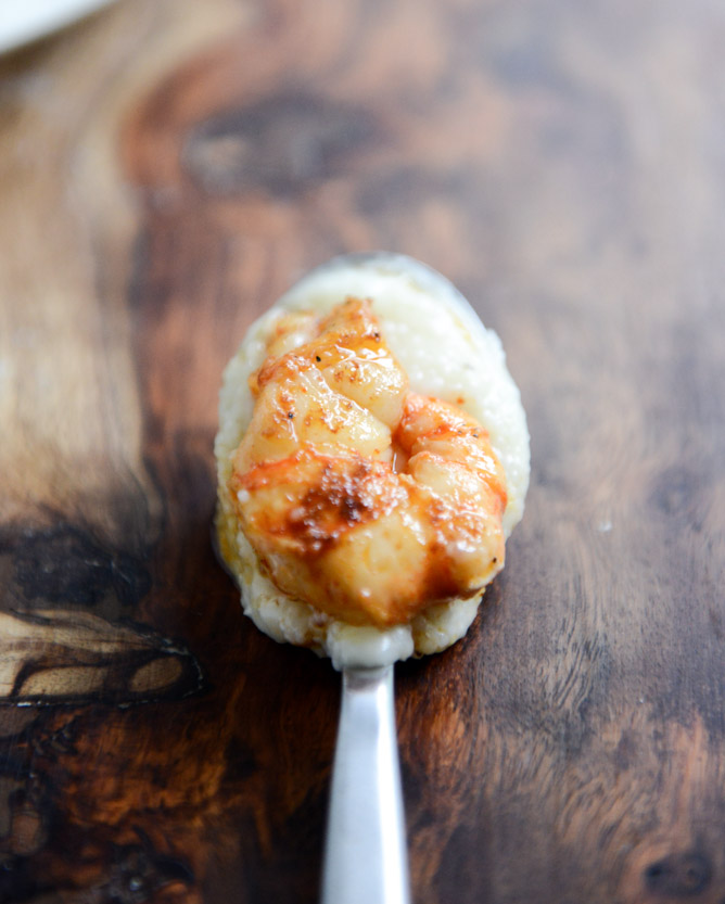 gouda grits with smoky brown butter shrimp I howsweeteats.com