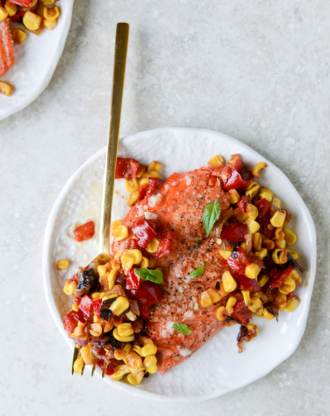 garlic butter salmon with caramelized shallot corn relish I howsweeteats.com