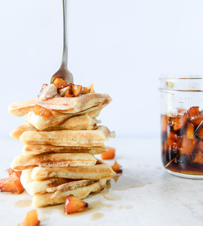 vanilla yeasted waffles with roasted peach maple syrup I howsweeteats.com