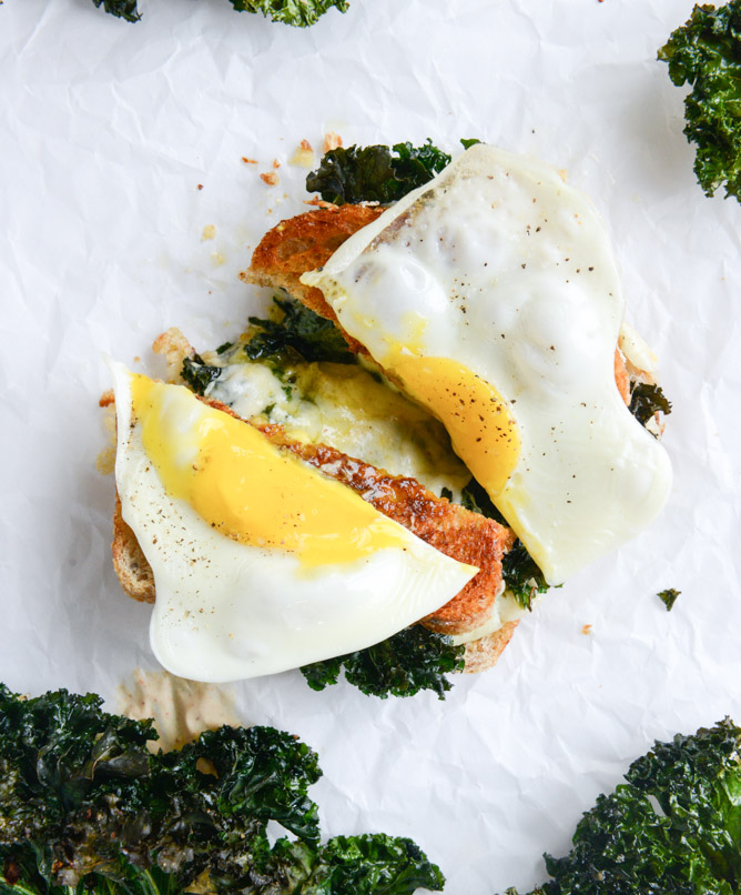 crispy kale grilled cheese with fried eggs I howsweeteats.com