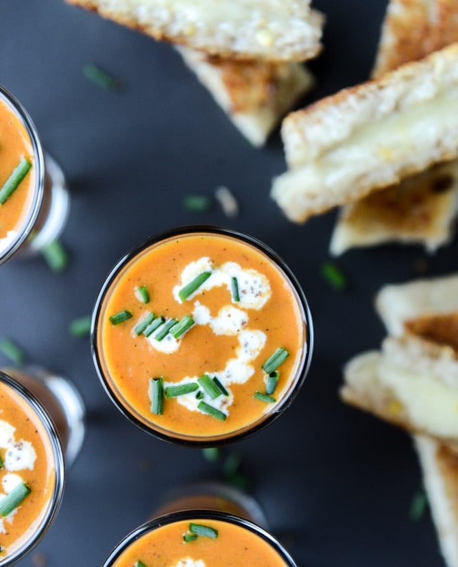 creamy tomato soup shooters with three cheese grilled cheese sticks I howsweeteats.com