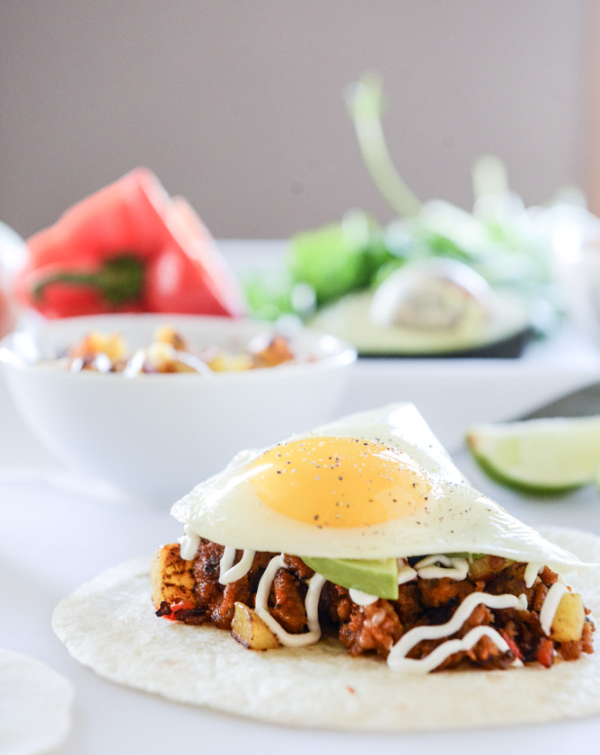 chorizo and fried egg breakfast tacos I howsweeteats.com