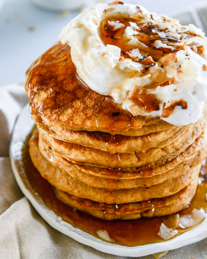buttermilk sweet potato pancakes with coconut whipped cream I howsweeteats.com