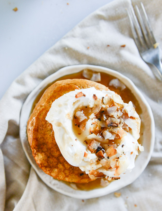 buttermilk sweet potato pancakes with coconut whipped cream I howsweeteats.com