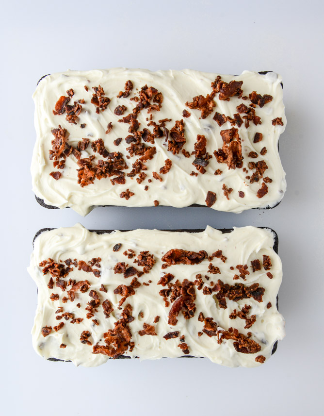 chocolate pound cake with bacon bourbon frosting I howsweeteats.com