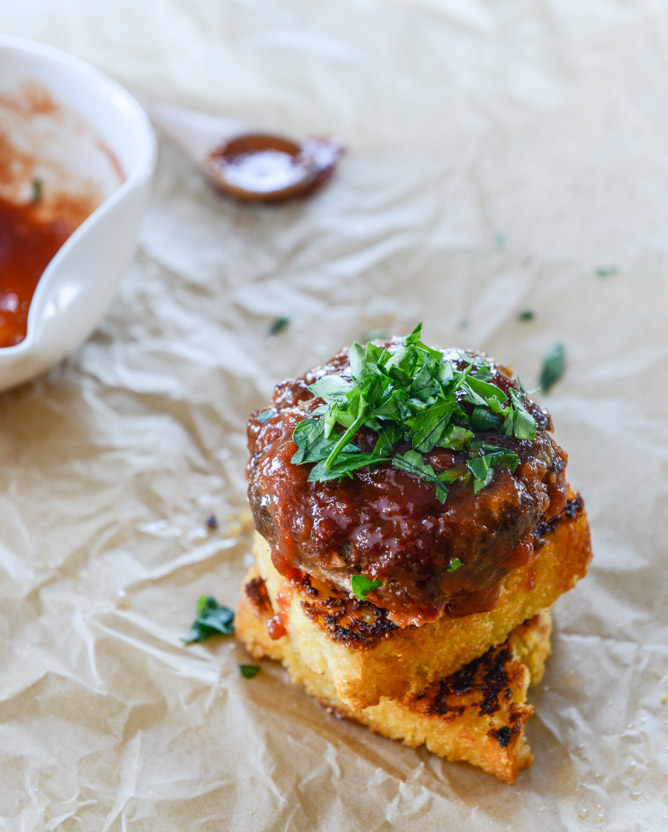BBQ meatloaf and grilled fontina cornbread stacks I howsweeteats.com
