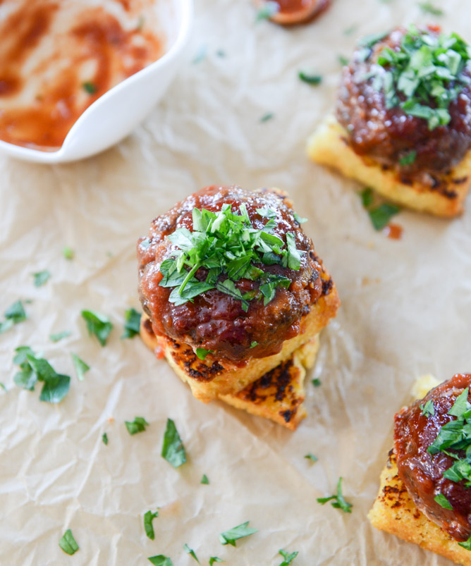BBQ meatloaf and grilled fontina cornbread stacks I howsweeteats.com