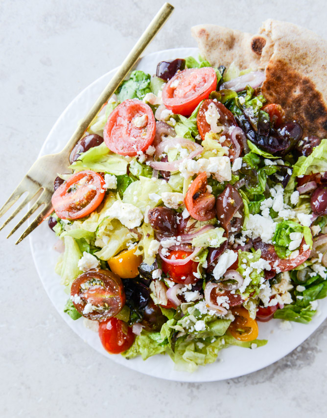 my favorite greek salad with homemade whole wheat pita I howsweeteats.com
