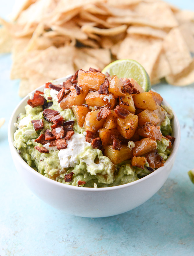 caramelized pineapple, bacon and goat cheese guacamole I howsweeteats.com