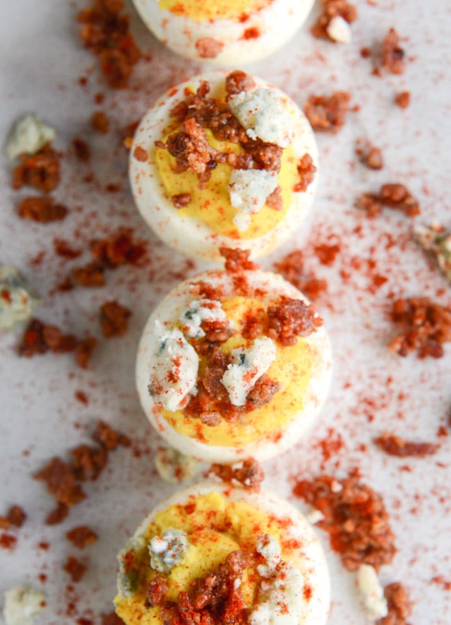 bacon blue deviled eggs with roasted garlic and asparagus I howsweeteats.com