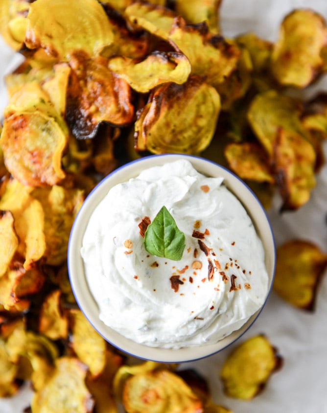 golden beet chips with spicy goat cheese dip I howsweeteats.com