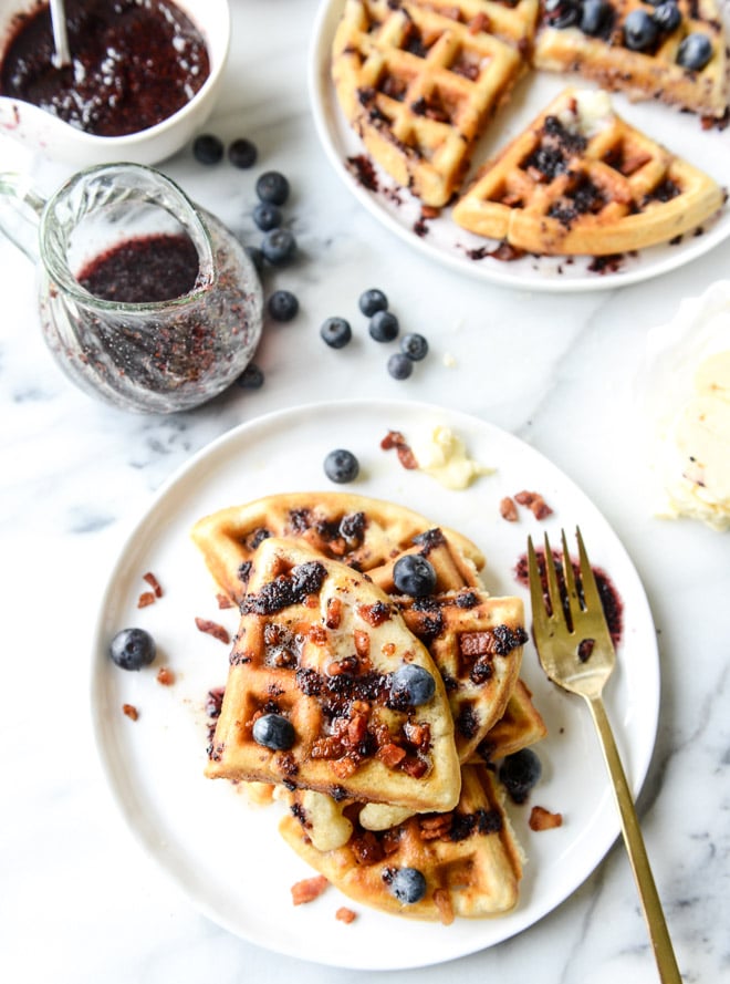crispy bacon waffles with bourbon butter + blueberry syrup I howsweeteats.com