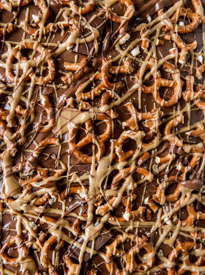 pretzel peanut butter stuffed chocolate bark I howsweeteats.com