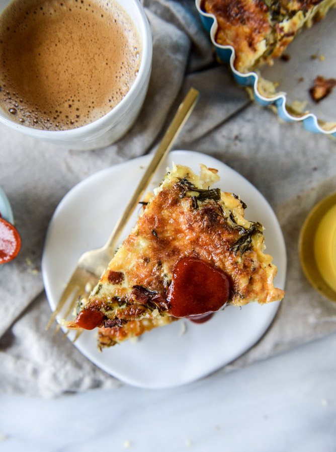 roasted broccolini, bacon and caramelized shallot quiche I howsweeteats.com
