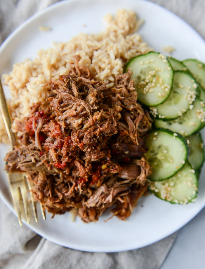 slow cooker sweet and spicy pork shoulder I howsweeteats.com