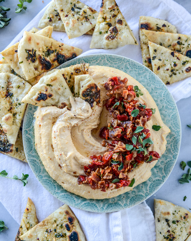 hot bacon cherry pepper hummus with pizza pita chips I howsweeteats.com