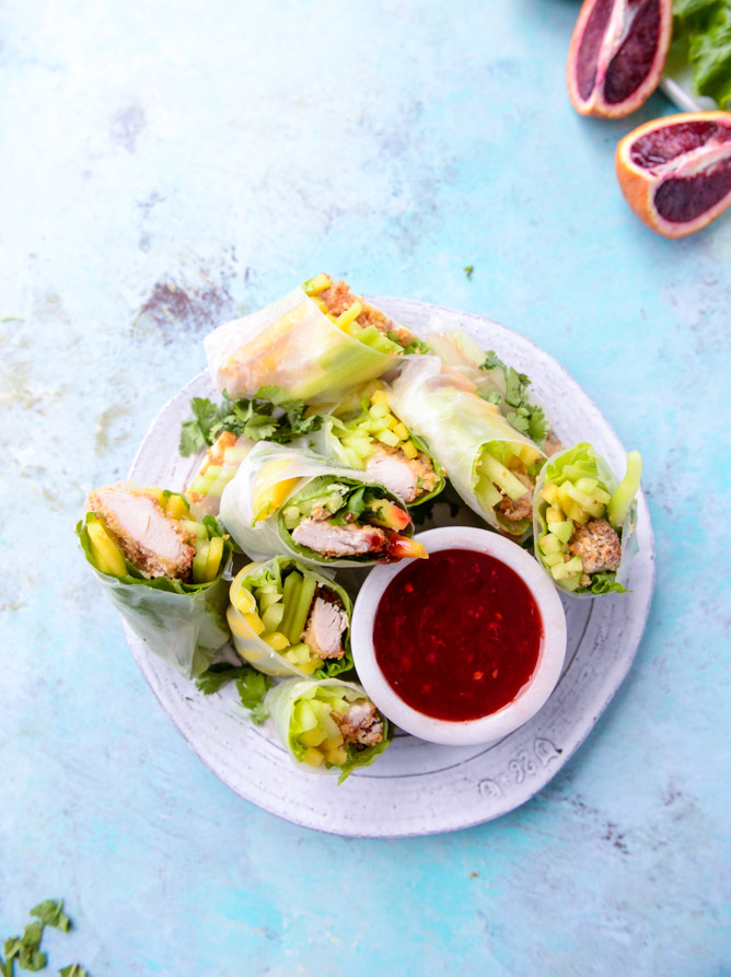 crunchy chicken spring rolls with blood orange dipping sauce I howsweeteats.com