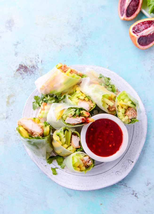 crunchy chicken spring rolls with blood orange dipping sauce I howsweeteats.com