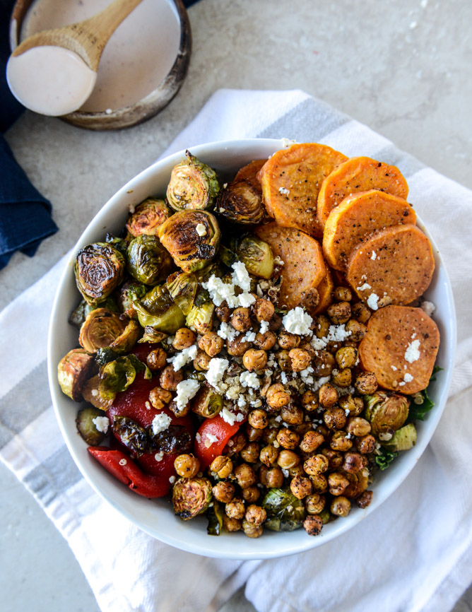 grain bowls with maple chipotle brussels and coconut roasted sweet potatoes I howsweeteats.com