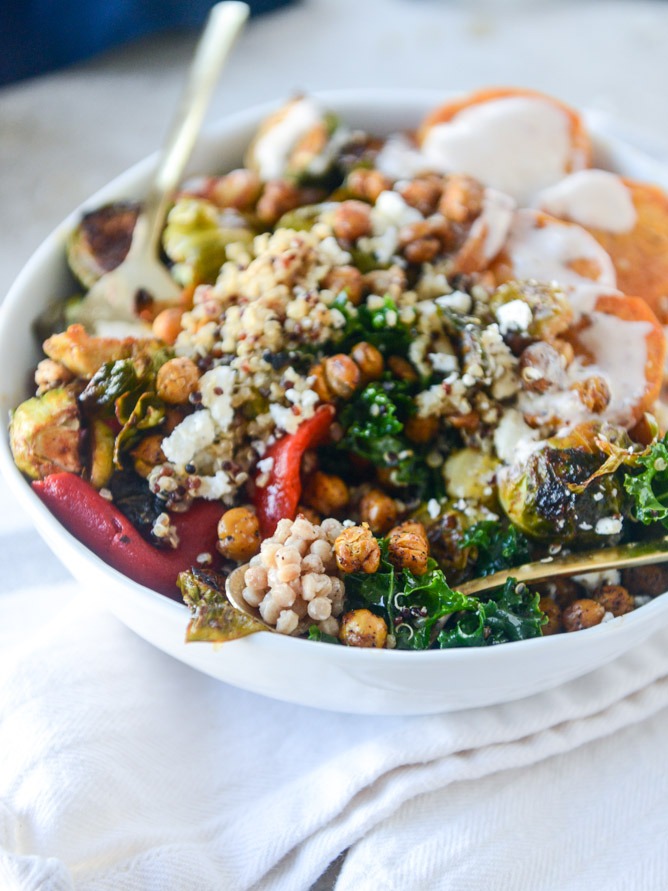grain bowls with maple chipotle brussels and coconut roasted sweet potatoes I howsweeteats.com