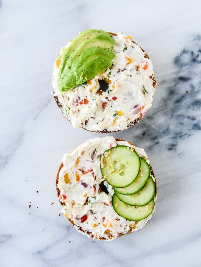homemade roasted veggie cream cheese and a perfect lox bagel I howsweeteats.com