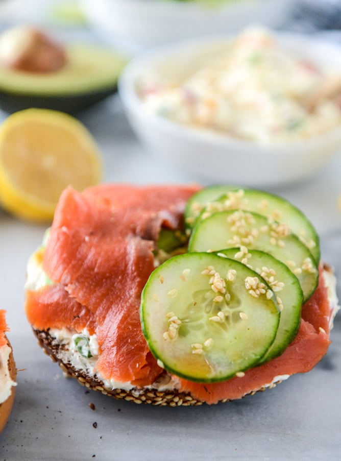 homemade roasted veggie cream cheese and a perfect lox bagel I howsweeteats.com