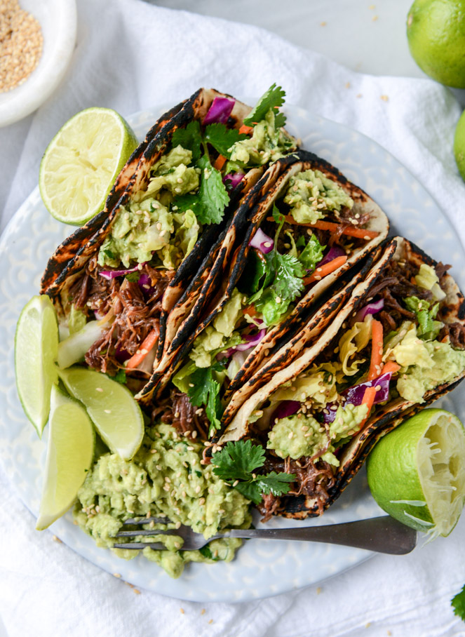 slow cooker sweet + spicy short rib tacos with sesame guacamole I howsweeteats.com